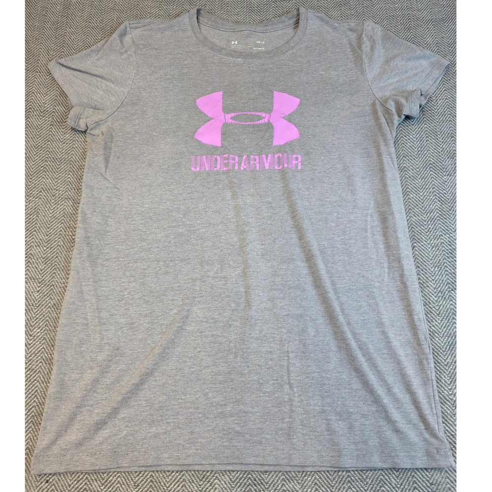Under Armour Womens HeatGear Gray Purple Logo Graphic T-Shirt Size Medium Loose